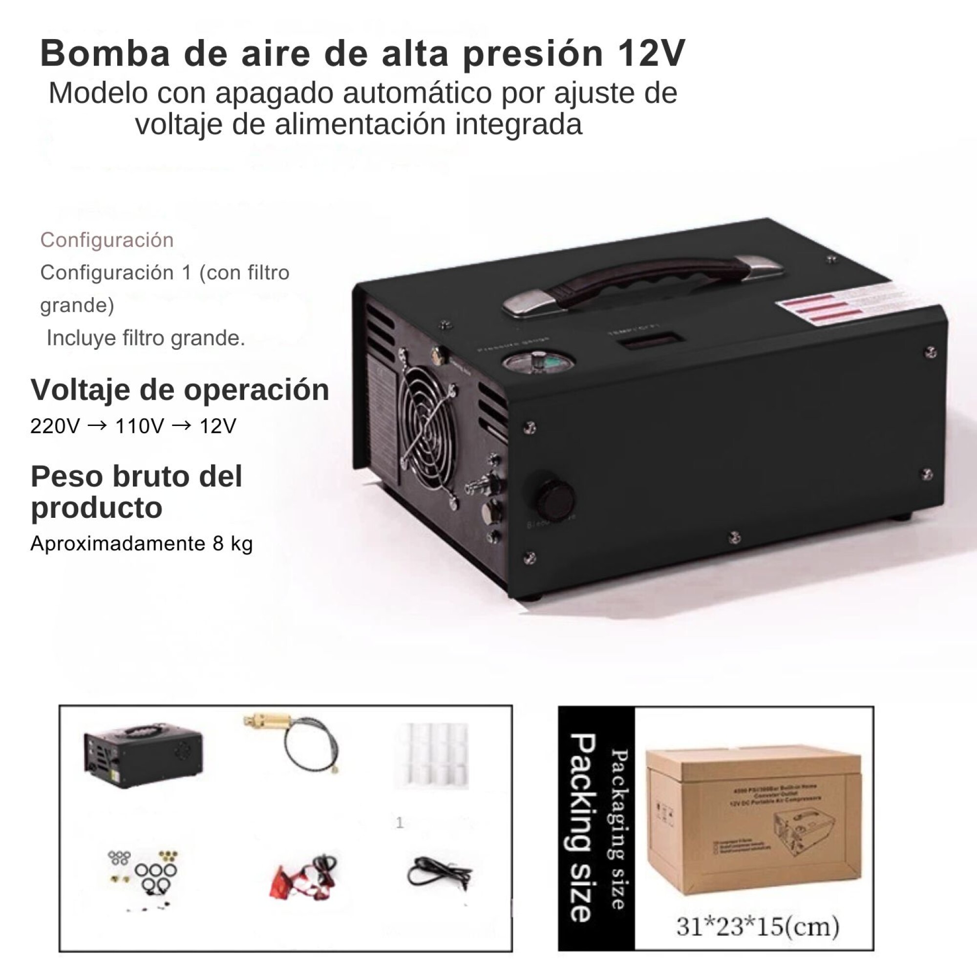 Compresor PCP 12V con filtro grande 4500 PSI — Aventureros