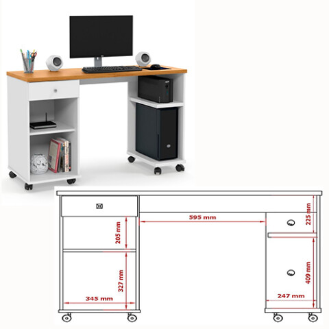 MESA PC SSL -CH 9056 1 Caj. + Estantes y Ruedas Sin color