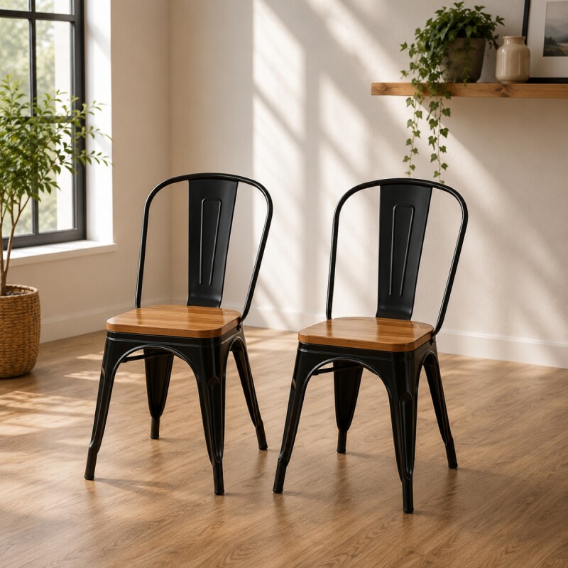 Set X2 Silla Tolix asiento en madera vintage NEGRO