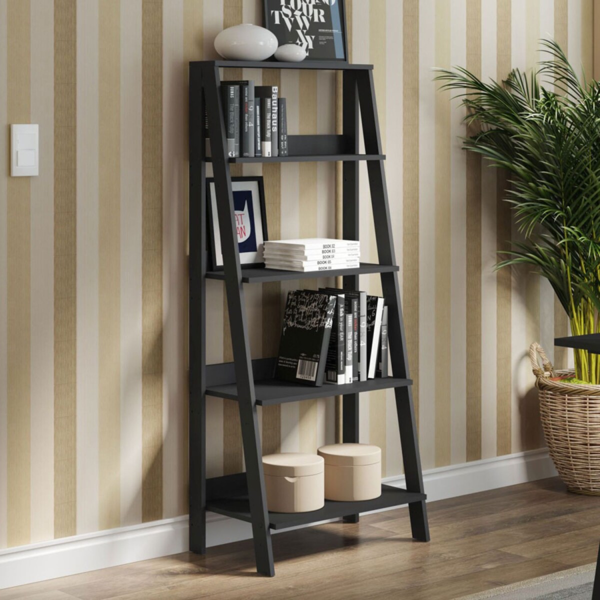 Estantería biblioteca multiuso Lumax escalera para Libros 4 Repisas - Negro 