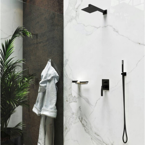 DUCHA DE EMBUTIR NEGRO MATE CON TRANSFERENCIA, TELEFONO, SOPORTE, ROSETA, BRAZO NEGRO