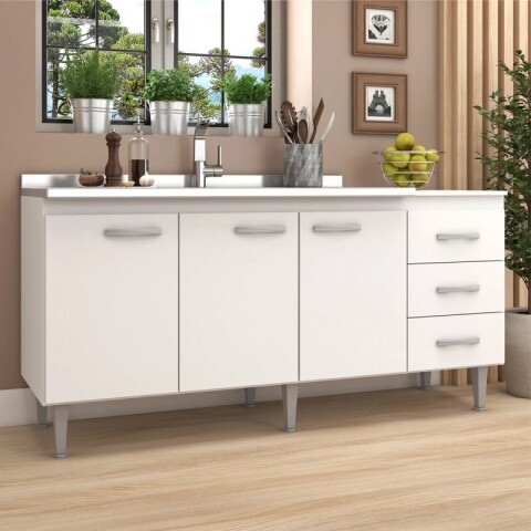 Bajo Mesada 3 Puertas 3 Cajones 160 cm de Ancho Patas Ajustables - Blanco Bajo Mesada 3 Puertas 3 Cajones 160 cm de Ancho Patas Ajustables - Blanco