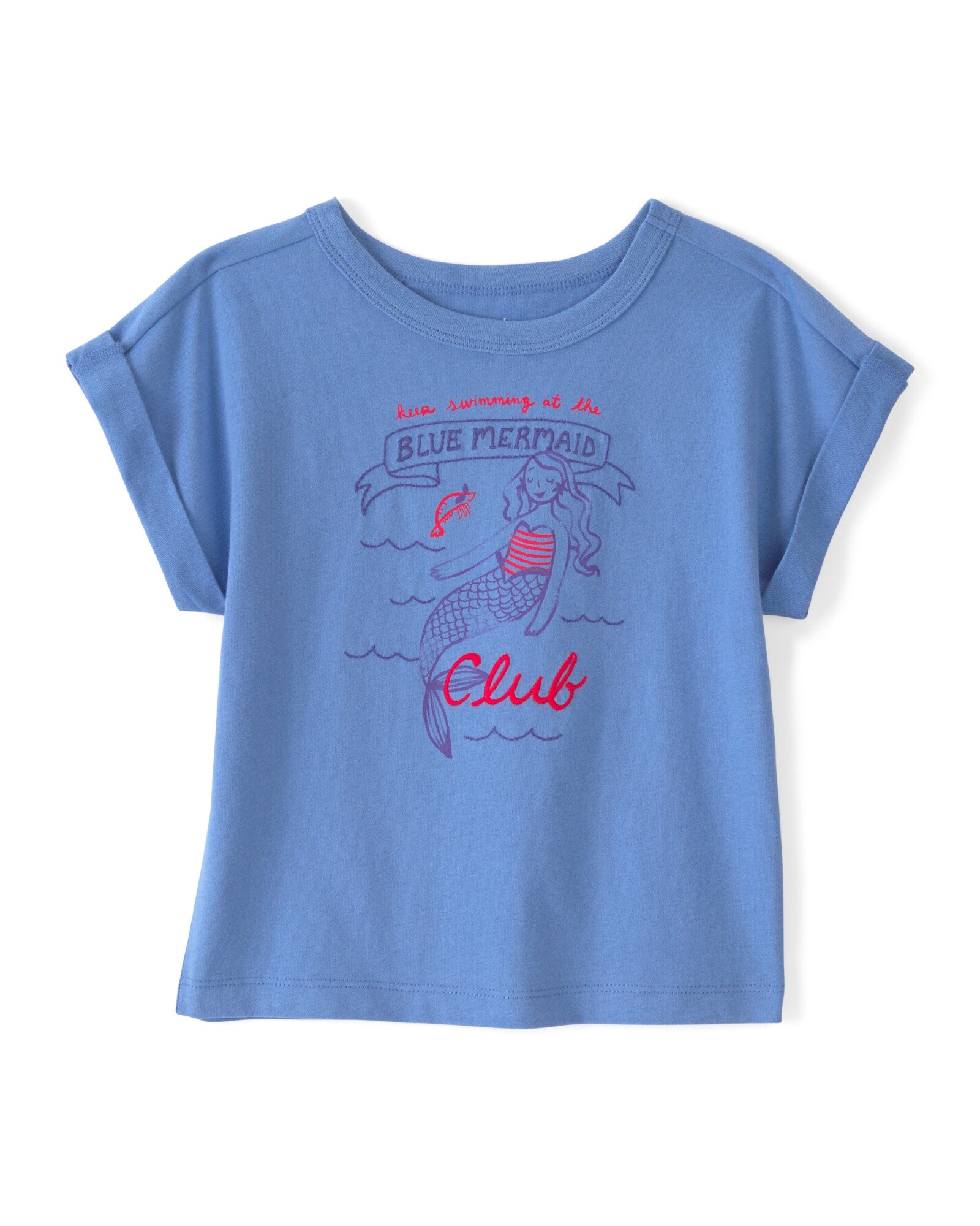 Remera de algodón, manga corta, azul, estampa sirena Sin color