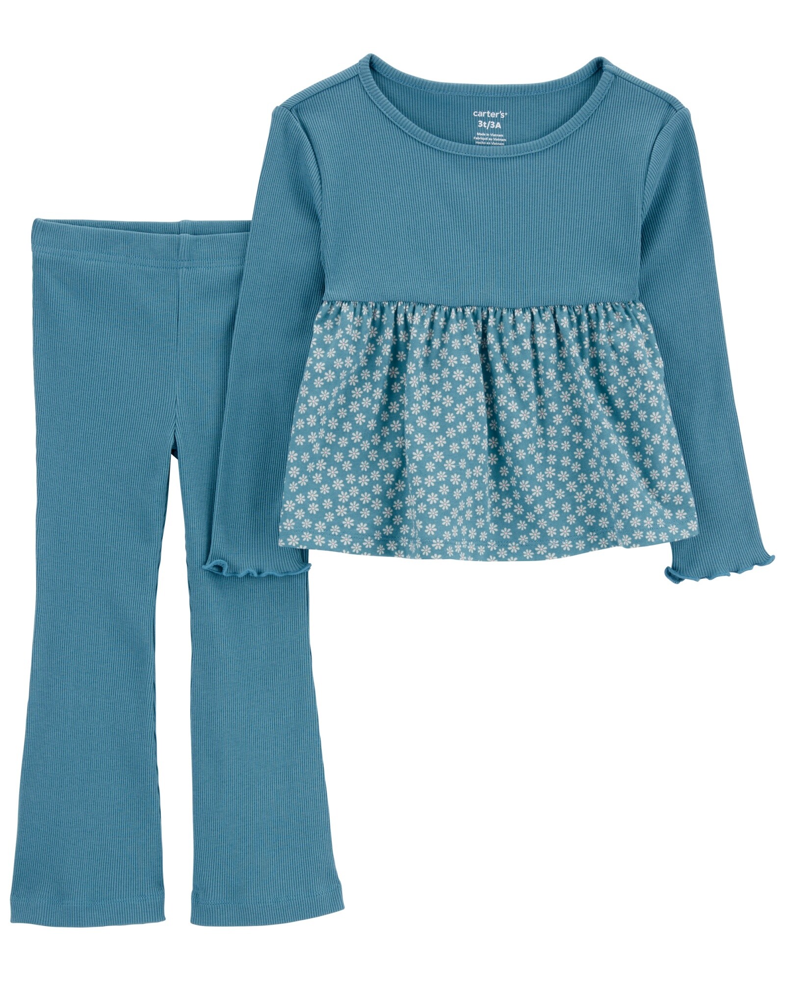 Set dos piezas de algodón acanalado, pantalón acampanado y blusa Sin color