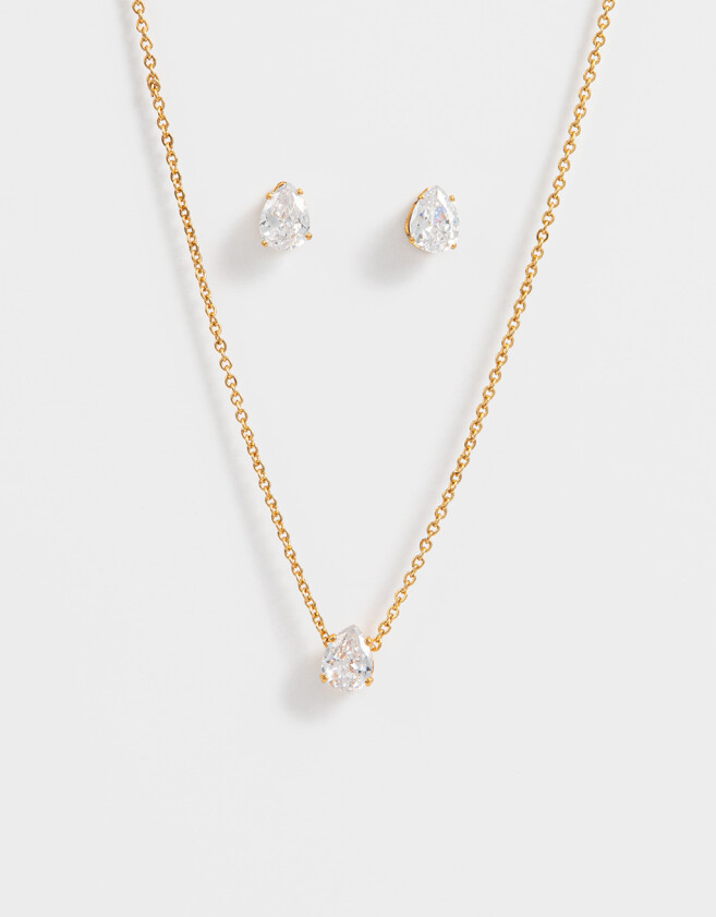 Bijouterie Set Premium Gold Set De Collar Y Aros Con Cubic Zirconia - Dorado