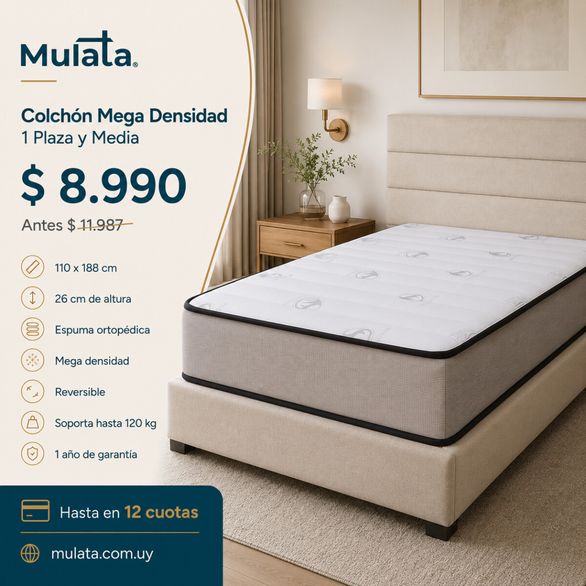 Colchon MEGA DENSIDAD Espuma Ortopédico - 1y1/2 Plaza - 110 cm 