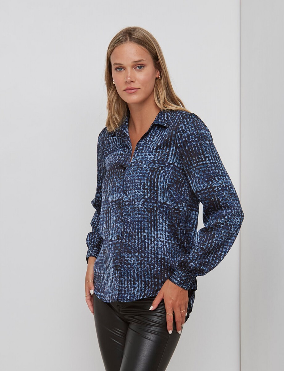 Camisa Saten Print - Azul 