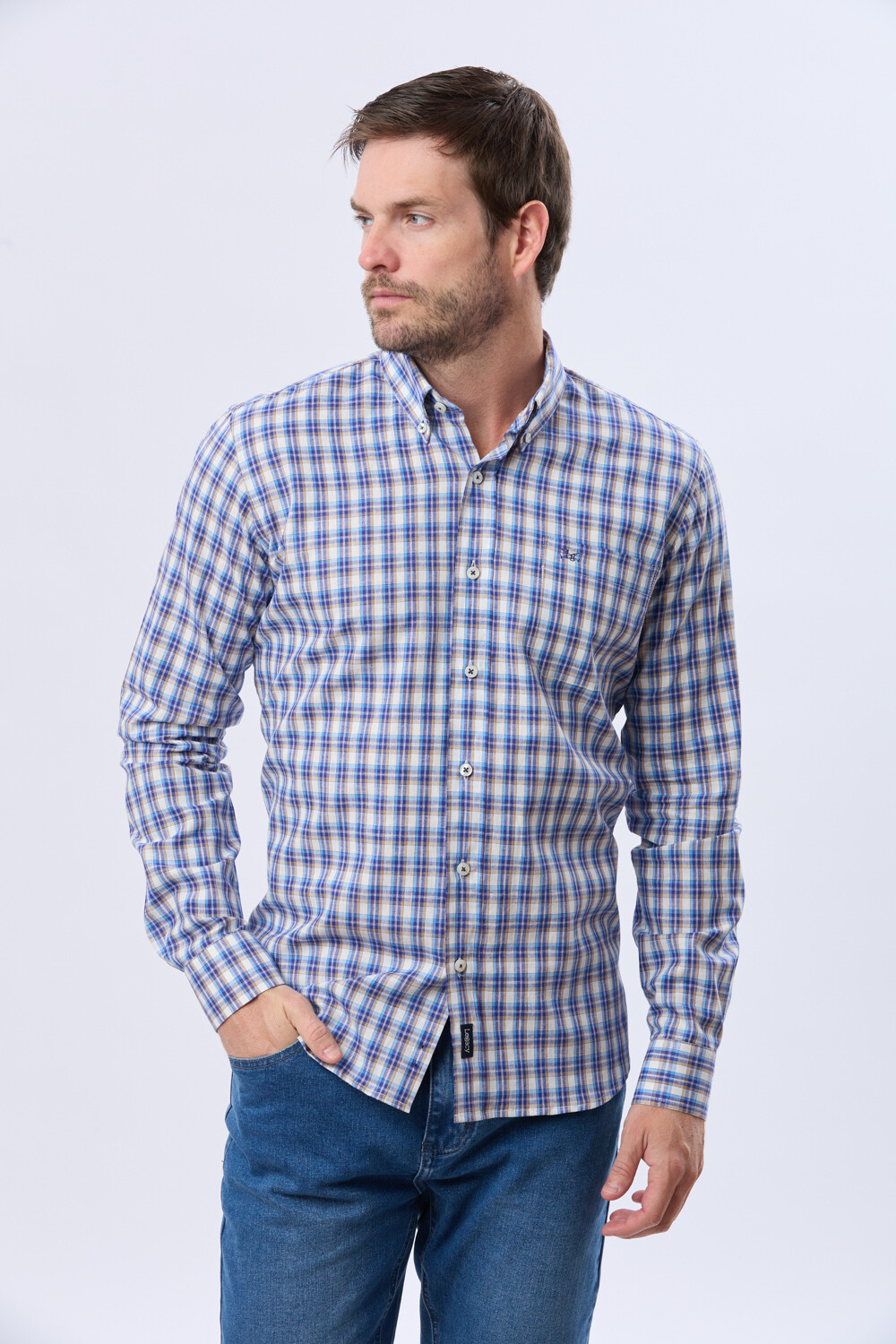 CAMISA CUADROS DE LINO Beige
