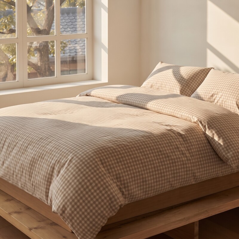 Funda nórdica de acolchado + 2 fundas de almohada de algodón Vichy Beige Queen
