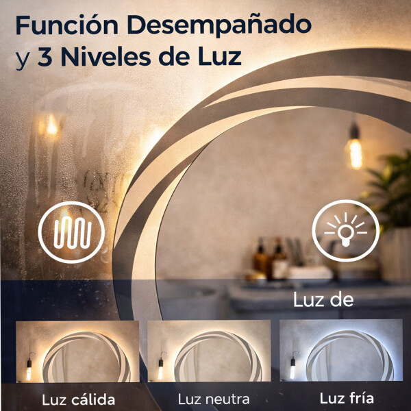 Espejo Led Torneado Redondo Led04 70cm Desempañador ESPEJO REDONDO LED04 70CM LED TORNEADO