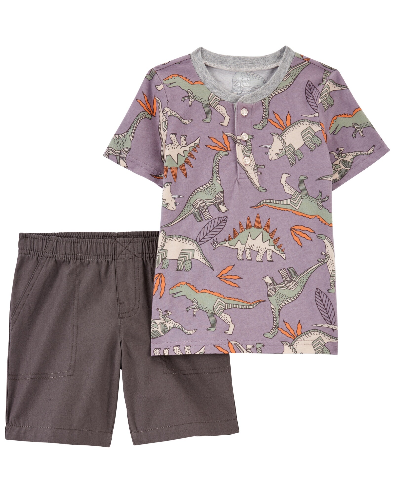 Set dos piezas de algodón, short y remera henley, diseño dinos. Talles 6-24M Sin color