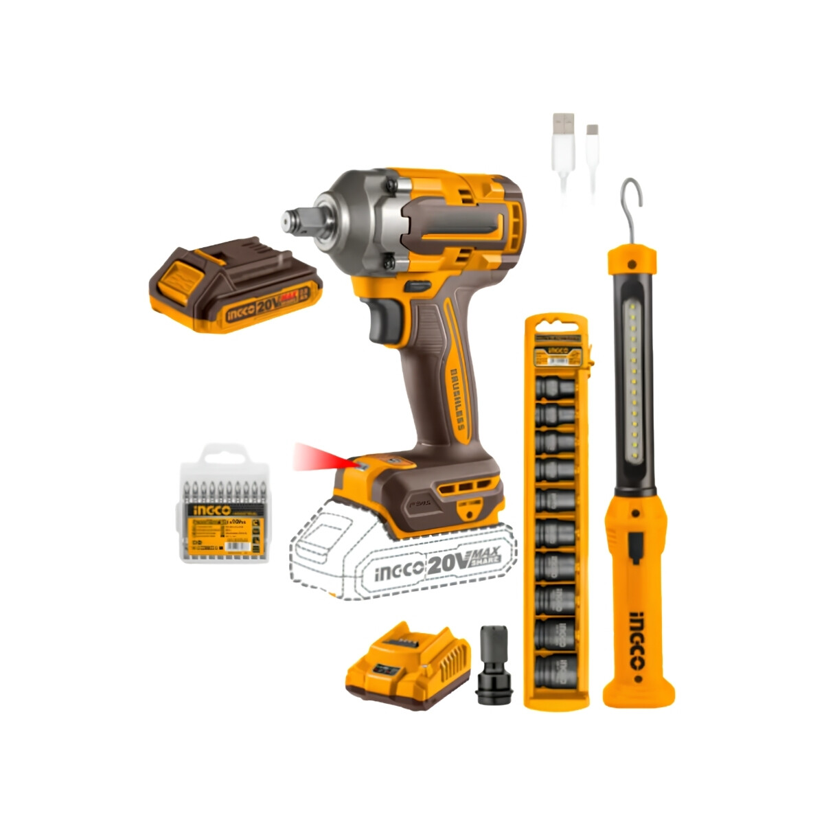 Combo Llave De Impacto 20v+linterna+set Dados Ingco 