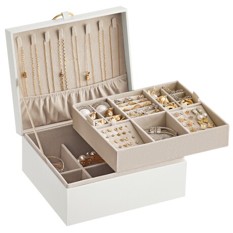 SONGMICS Joyero de 2 Capas con Asa – Caja de Almacenamiento de Joyas Moderna Blanco
