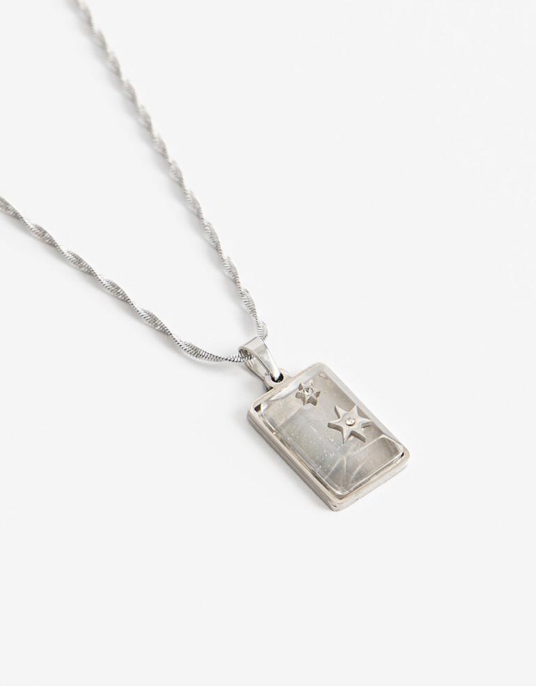 Cadena Corta con Dije Piedras Cadena De Acero Con Piedra Cuarzo Cristal - Plateado