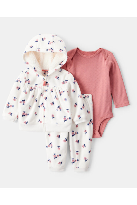 Set tres piezas, campera de micropolar, pantalón y body de algodón, diseño floral Set tres piezas, campera de micropolar, pantalón y body de algodón, diseño floral