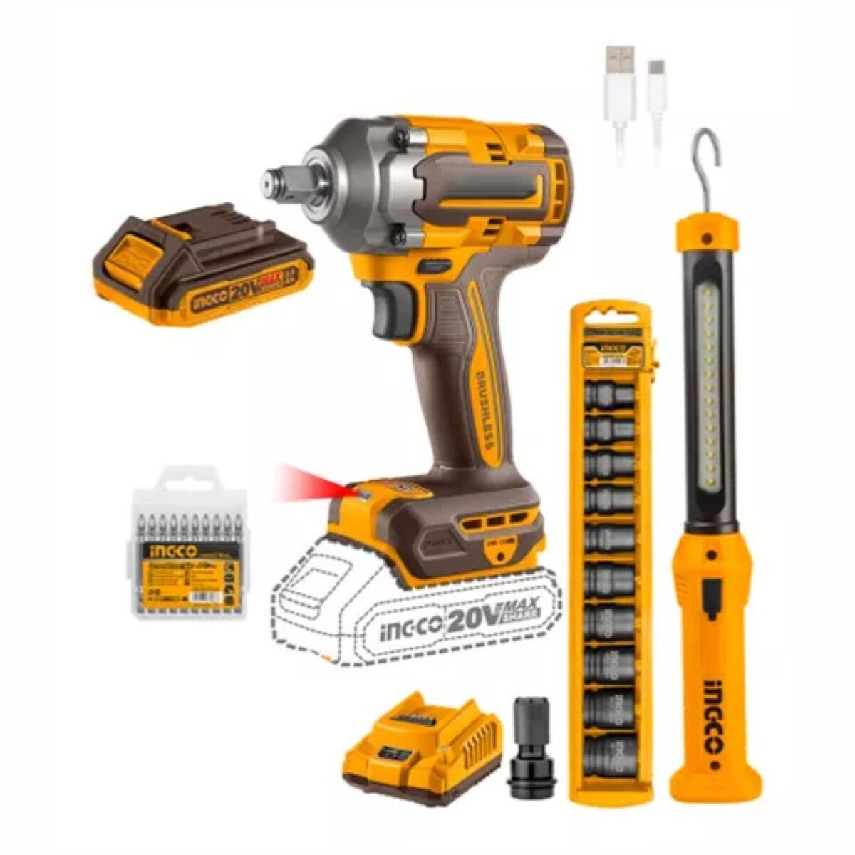 Super Combo A Batería INGCO COSLI23048 Llave De Impacto 400NM Con Accesorios 