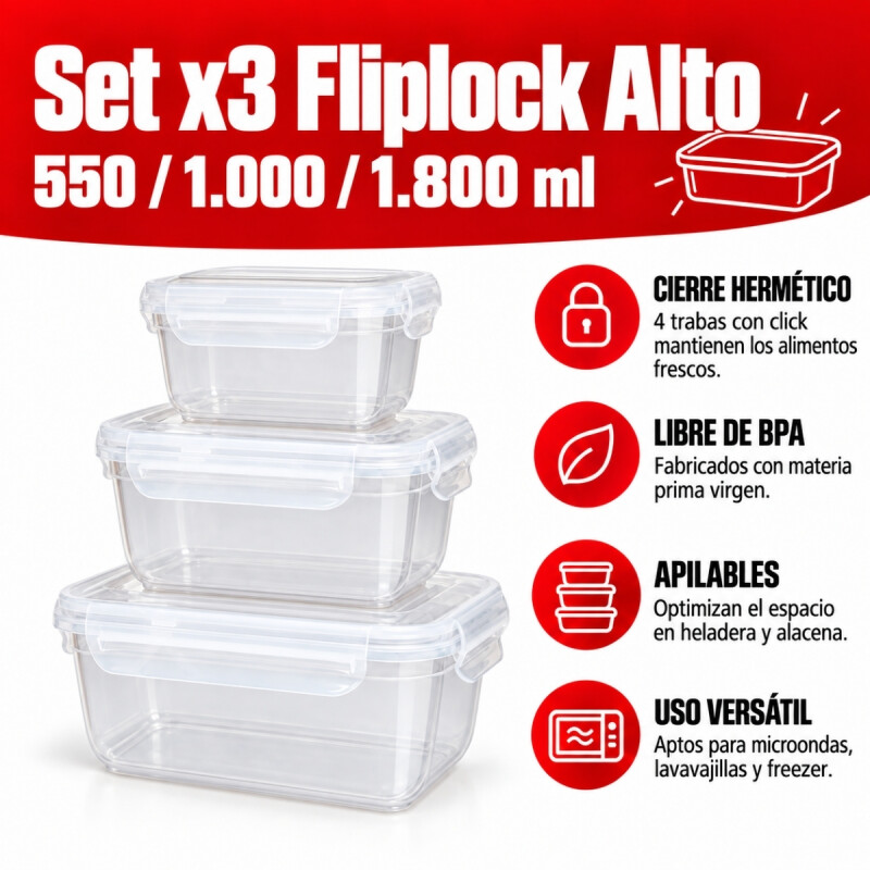 Set x3 Pote hermético rectangular 550 / 1000 / 1800 ml TRANSPARENTE