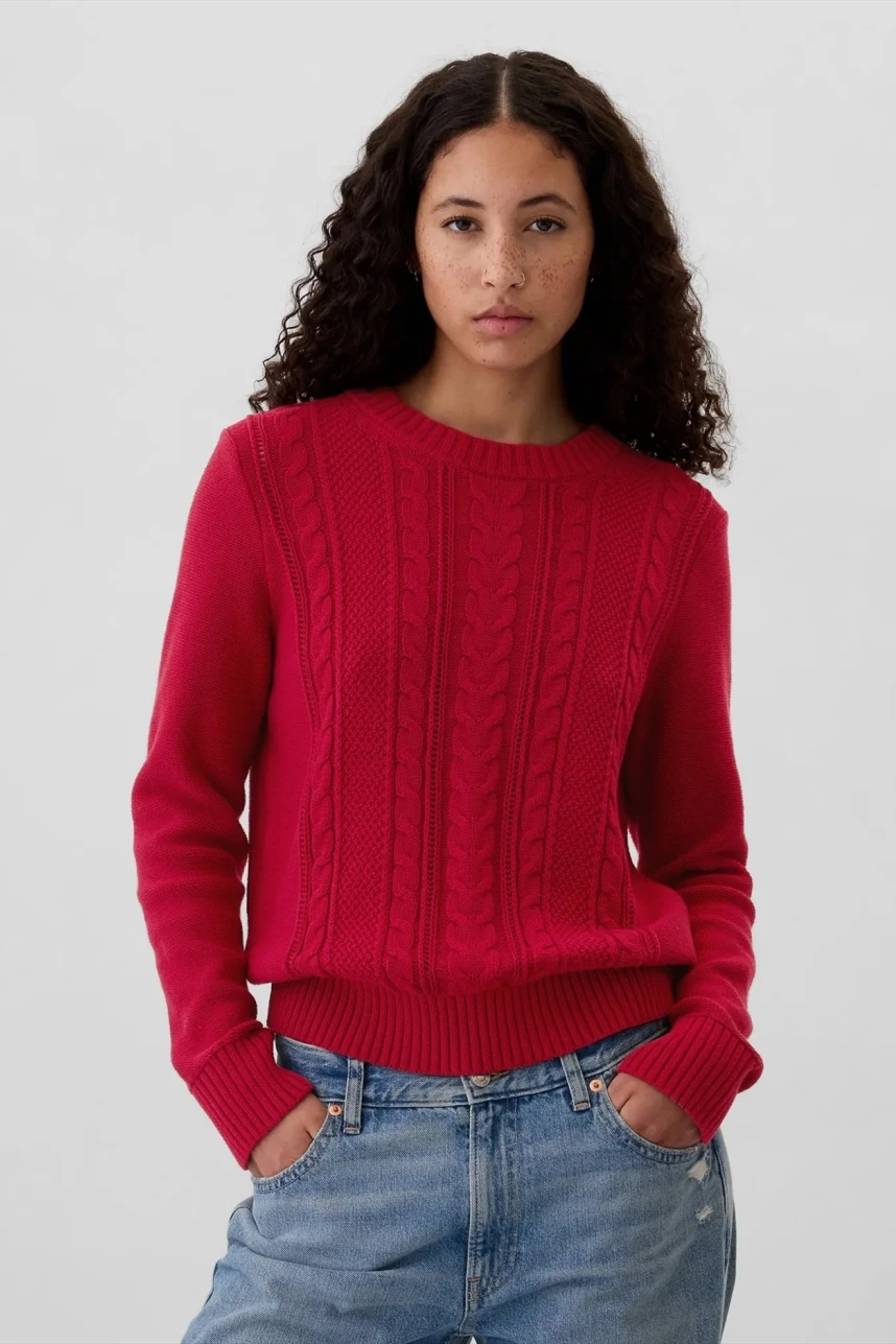 Buzo Cuello Redondo Cable Mujer Red