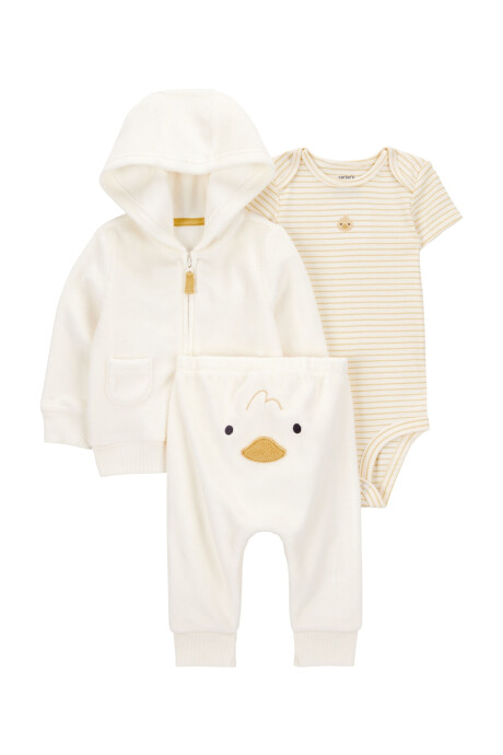 Set tres piezas de algodón, campera y pantalón de terry, más body, diseño pato Set tres piezas de algodón, campera y pantalón de terry, más body, diseño pato