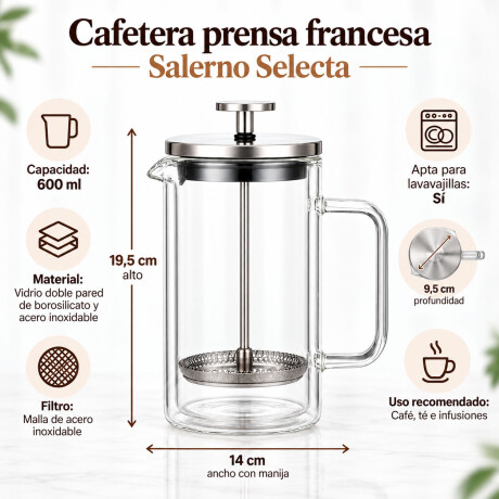 Cafetera Francesa Doble Vidrio Borosilicato 600ml Ac. Inox Transparente