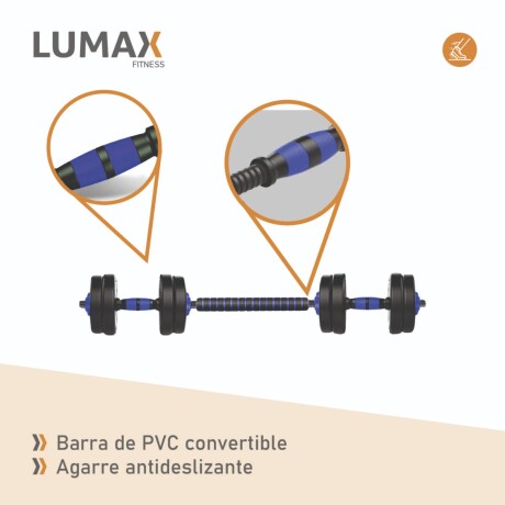 Set 2 Mancuernas Lumax + Barra 2 en 1 + 30kg Discos Pesas Azul