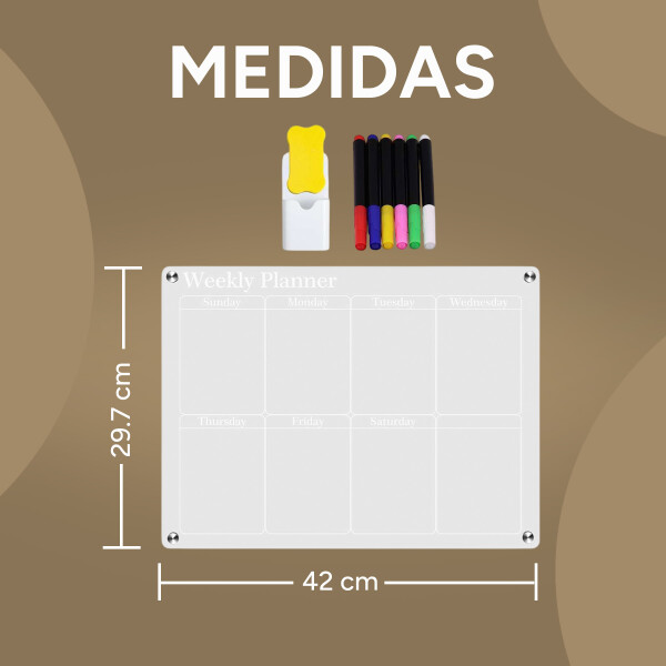 Pizarra Acrílica Semanal Magnetica Marcadores + Borrador Color Blanco
