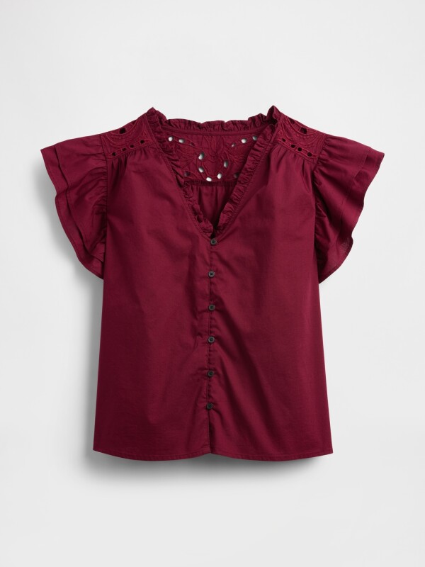 V-FLUTTER SLV EYELET YOKE TOP RED DELICIOUS