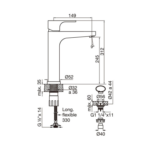 Griferia De Lavatorio Alto Linea Dalia Fv Monocomando Cromo 000