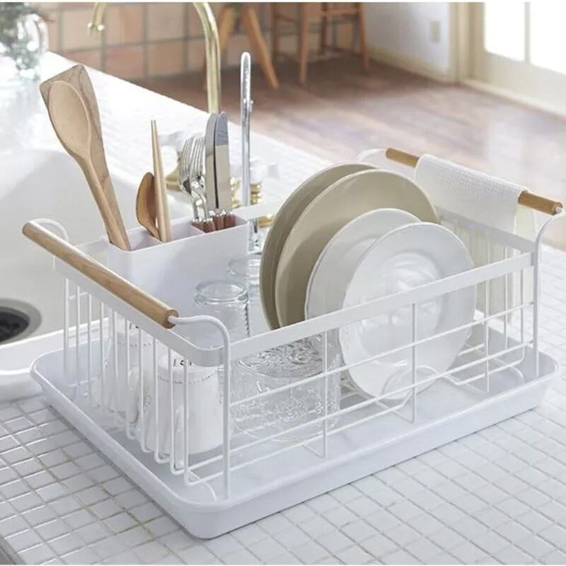 Escurridor de Platos en Metal con Asas de Madera Blanco