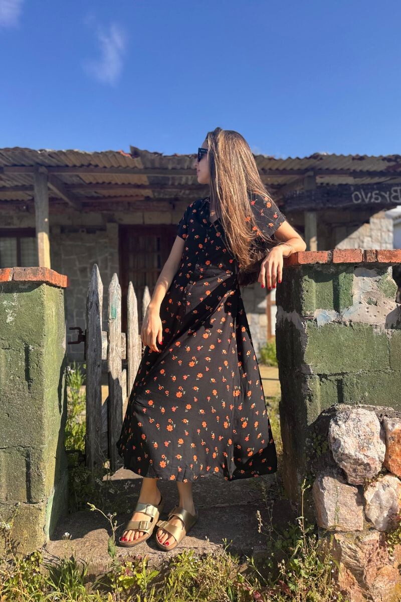 Vestido camisero largo Negro y naranja