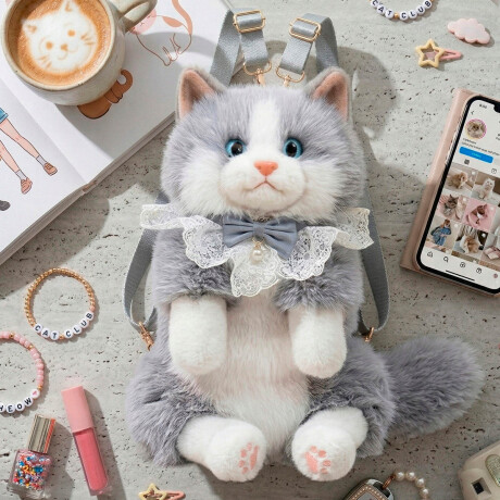 Mochila Peluche Gato Realista Bolso Animal Felpa Gris
