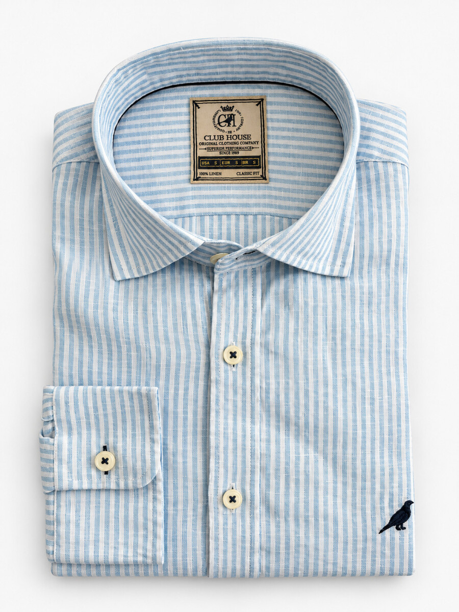 Camisa Lino Short Collar - Rayas Celeste Bruma 