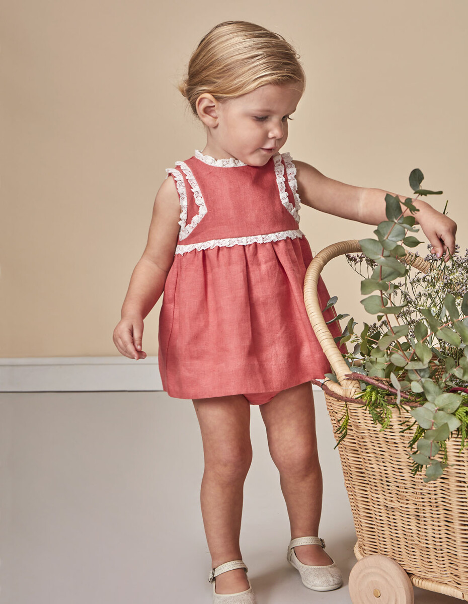 Vestido Lino Con Tiras Bordadas En Contr - Fresa Claro 