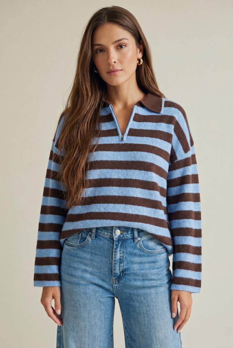 Sweater Polo Medio Cierre Rayado - Chocolate 