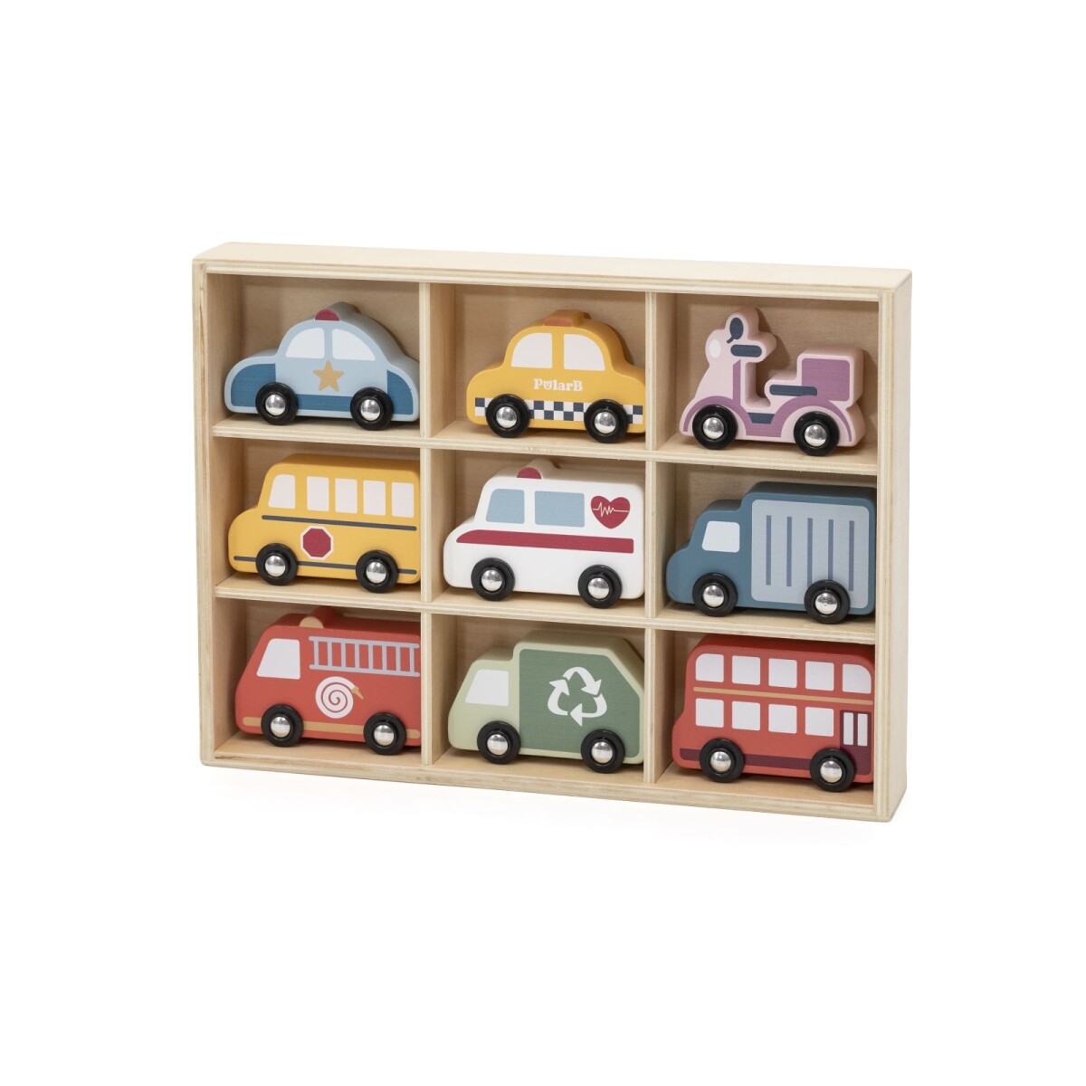 Set x9 vehiculos juguete madera viga 