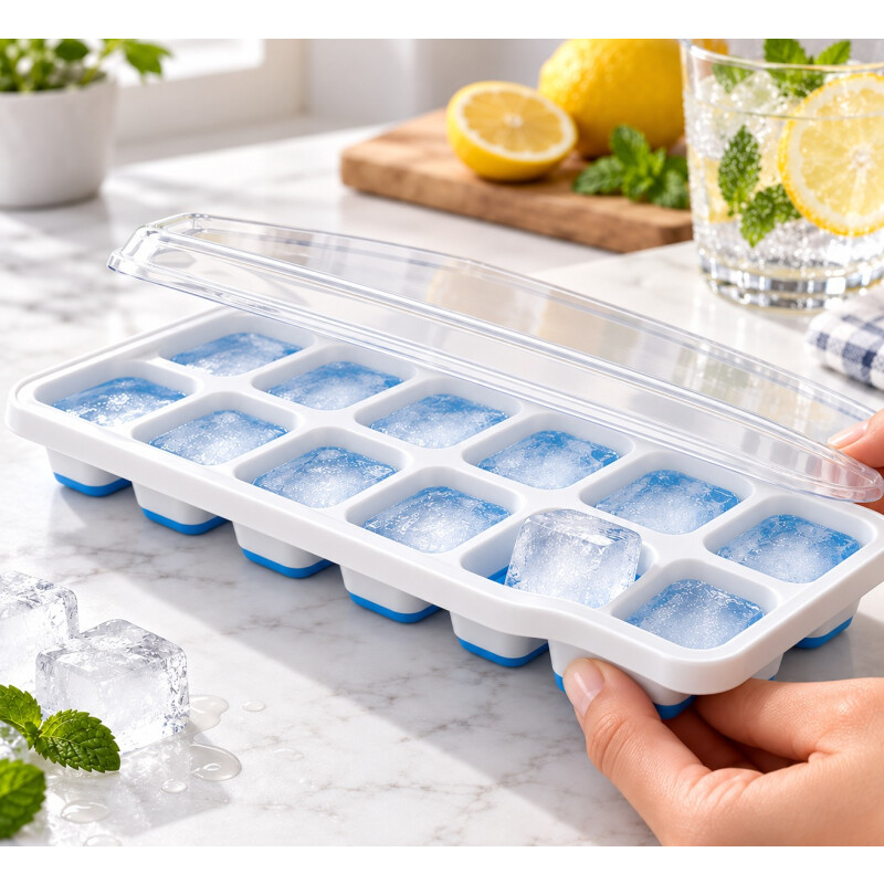 Cubetera para Hielo con Tapa y Base de Silicona 14 Cubos Celeste