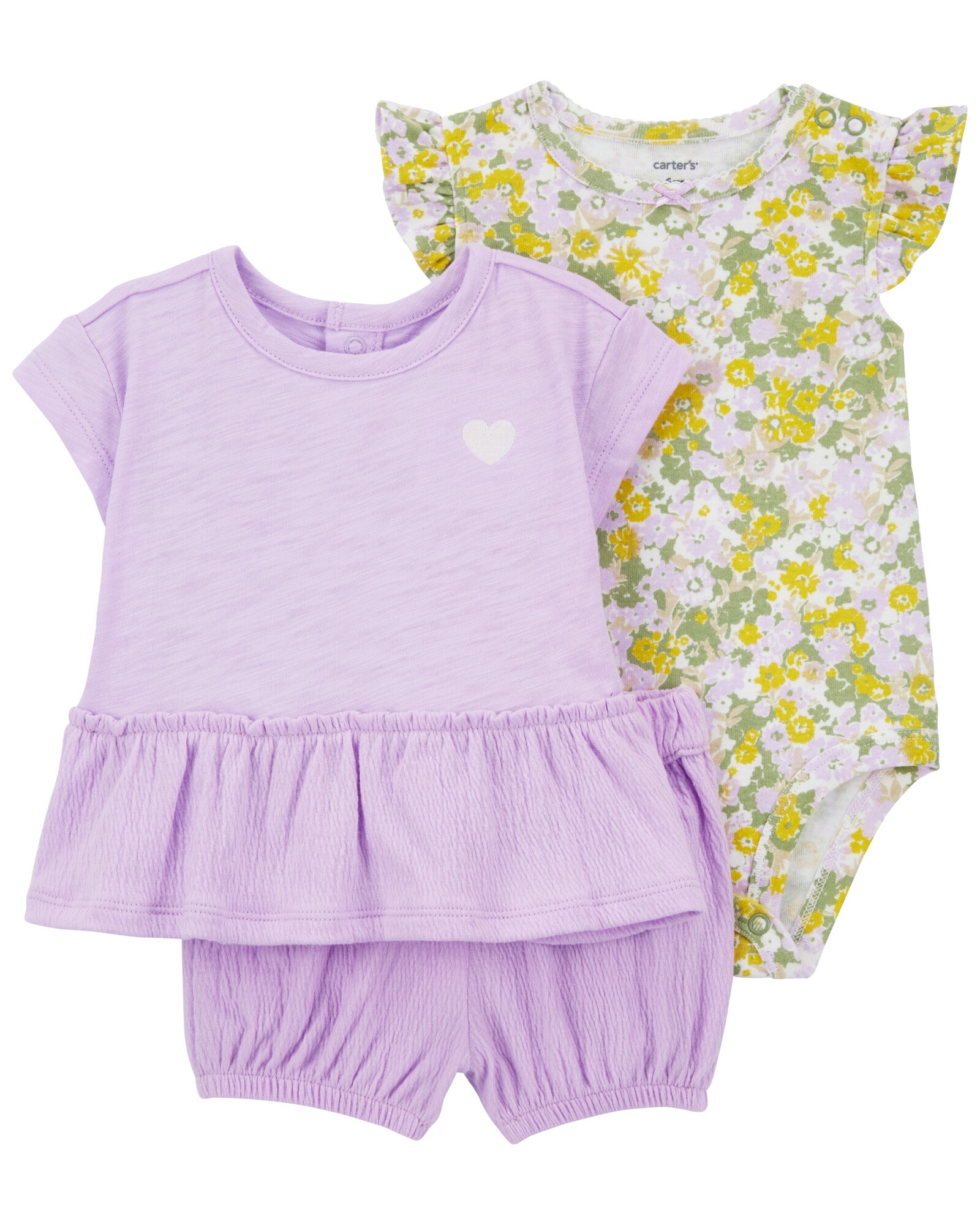 Set tres piezas de algodón, short y blusa con jersey arrugado más body Set tres piezas de algodón, short y blusa con jersey arrugado más body