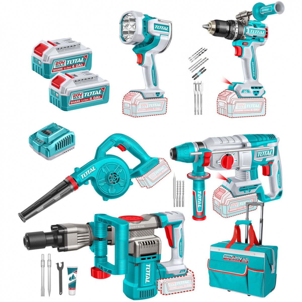 Kit Línea 20v: Percutor 66Nm + Rotomartillo SDS Plus + Demoledor SDS Hex + Foco + Soplador, 2 Baterías 4.0Ah 