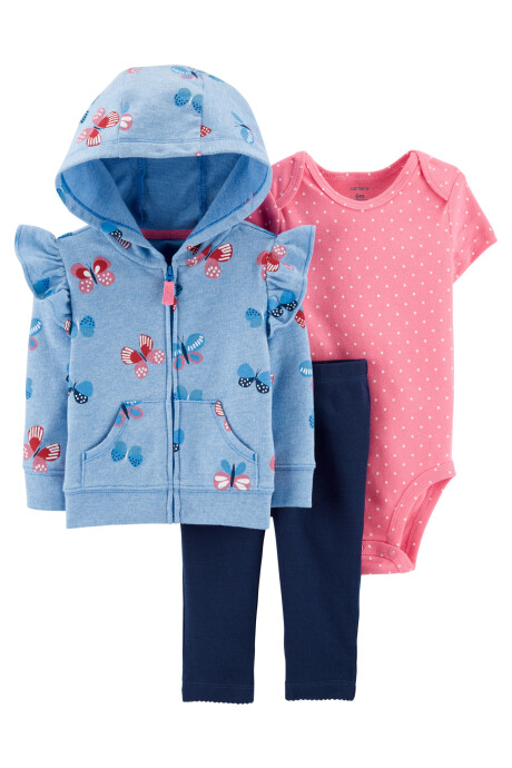 Set tres piezas de algodón, campera, pantalón y body, diseño mariposas Set tres piezas de algodón, campera, pantalón y body, diseño mariposas