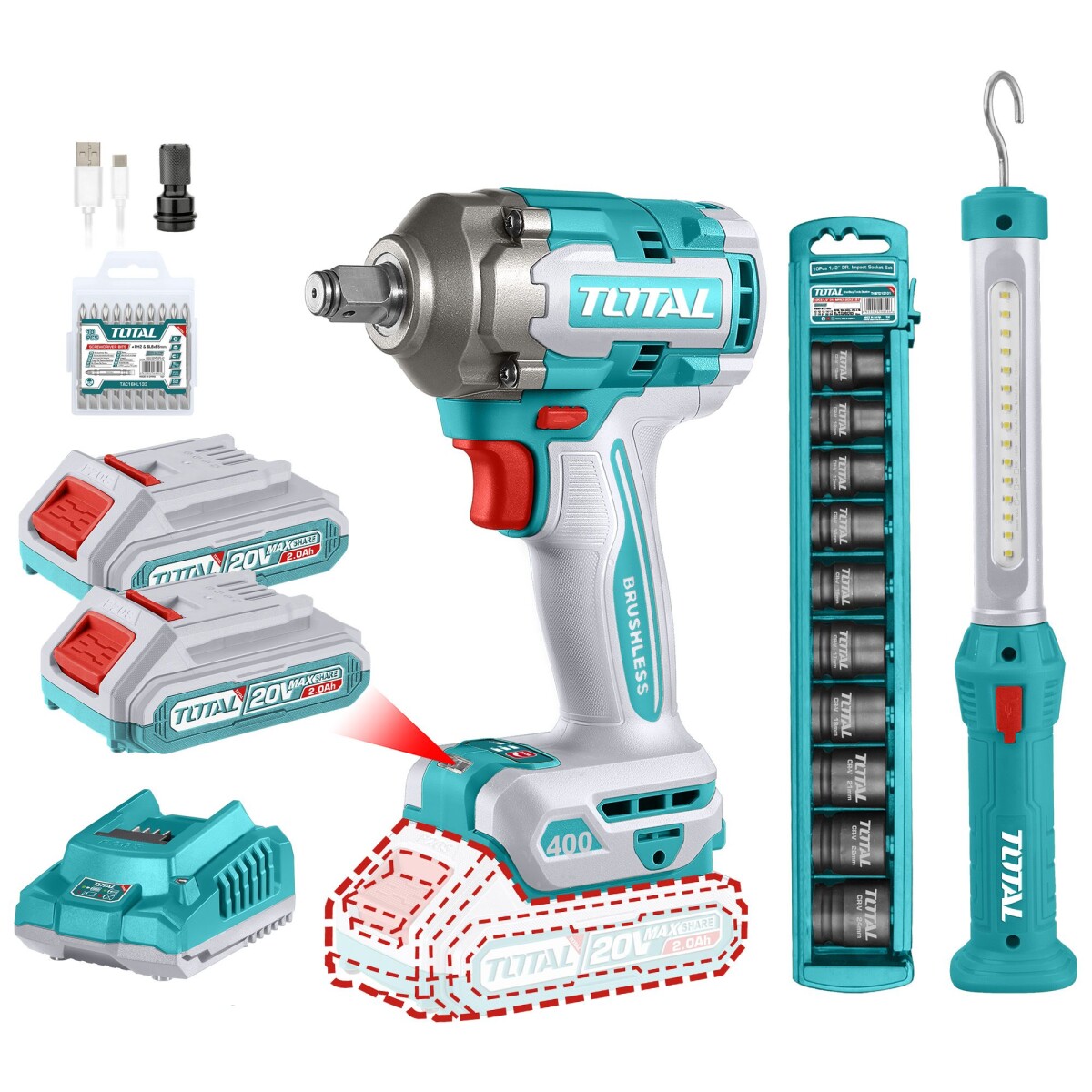 Kit Línea 20v: Llave Impacto 1/2'' + Linterna, 2 Baterías 2.0Ah 