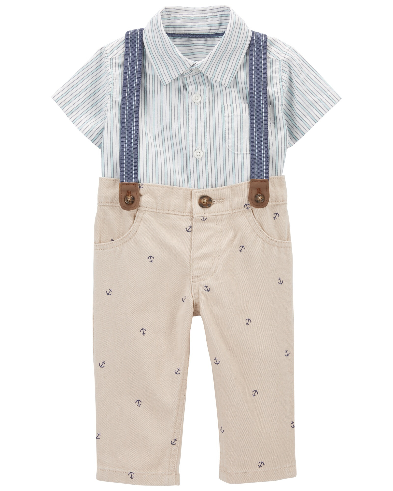 Set tres piezas pantalón, tiradores y body camisa de algodón Set tres piezas pantalón, tiradores y body camisa de algodón