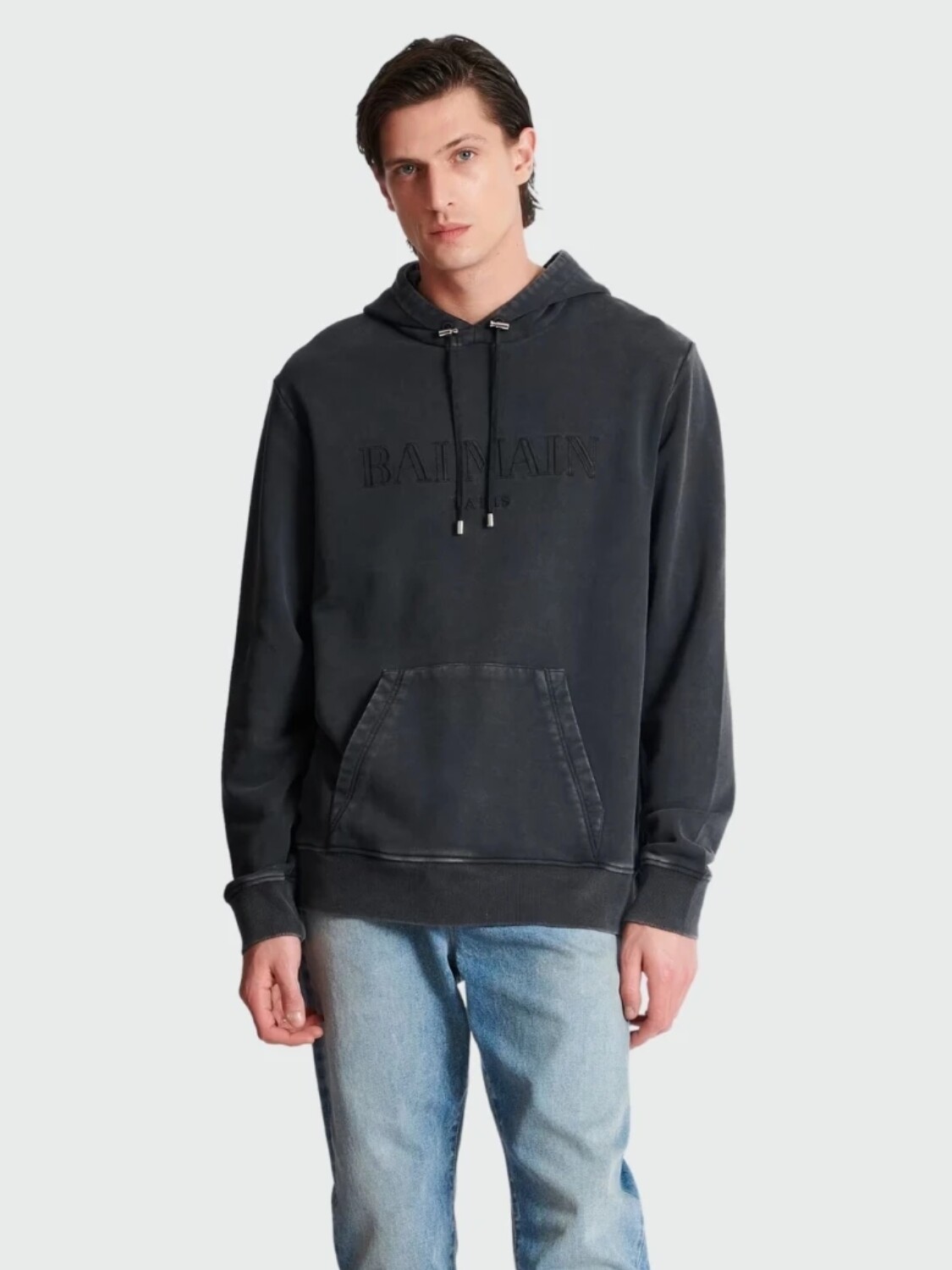 Balmain - Canguro con capucha bordada efecto vintage Gris