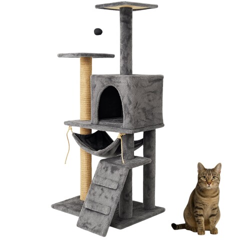 Gimnasio Rascador Para Gato Torre Casa Hamaca Escalera Variante Color Gris Oscuro
