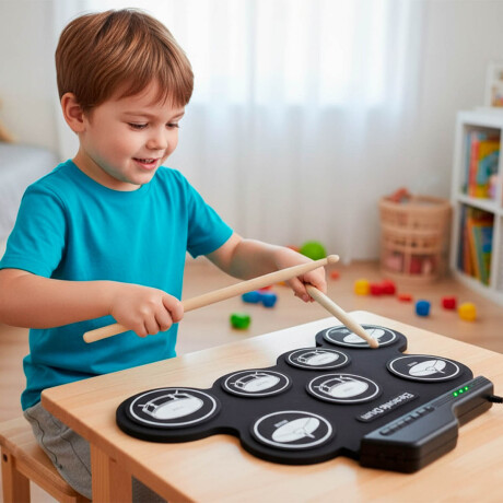 Batería Electrónica Niños Completa + Palos Tendencia Negro