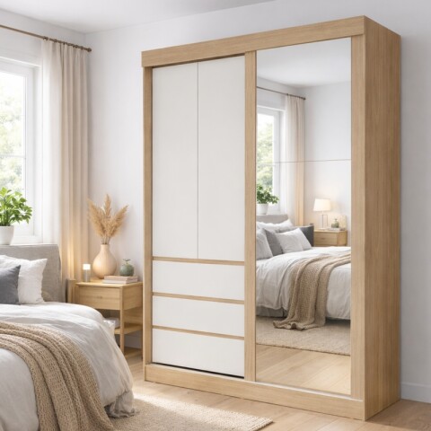 Ropero Armario Bagdá MDF 100% Premium Puertas Mixtas 2 Batientes y 1 Corrediza 3 Cajones y Espejo - Castaño Off White Ropero Armario Bagdá MDF 100% Premium Puertas Mixtas 2 Batientes y 1 Corrediza 3 Cajones y Espejo - Castaño Off White