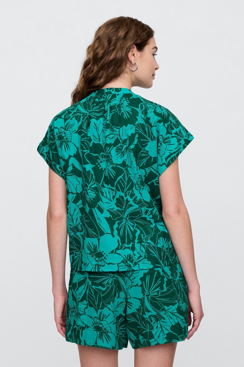 Blusa Muselina Manga Corta Mujer Blue Floral