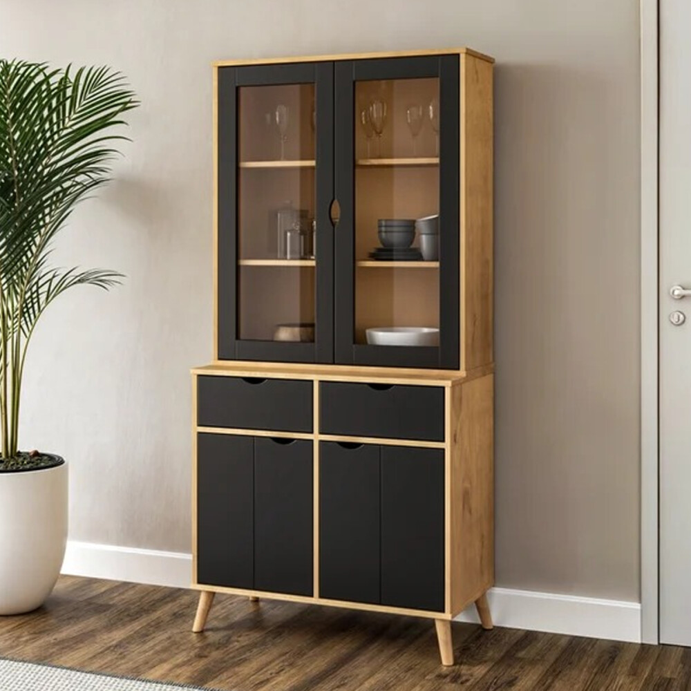 Cristalero en madera maciza 4 puertas 2 cajones MADERA-PRETO