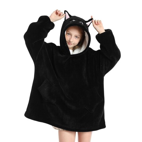 Manta Buzo Canguro Polar Con Capucha Corderito Infantil Variante Color Negro Gato