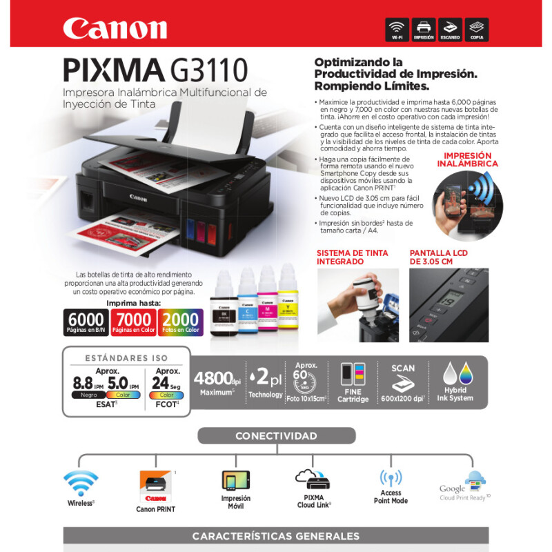 Impresora Multifunción Canon Pixma G3110 WiFi Sistema Continuo Impresora Multifunción Canon Pixma G3110 WiFi Sistema Continuo