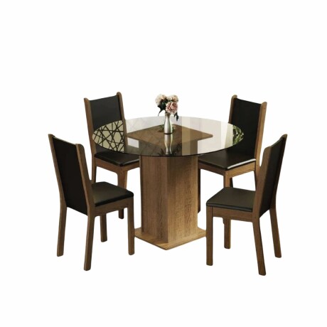 Juego de comedor con mesa redonda de vidrio y 4 sillas rústicas Negro